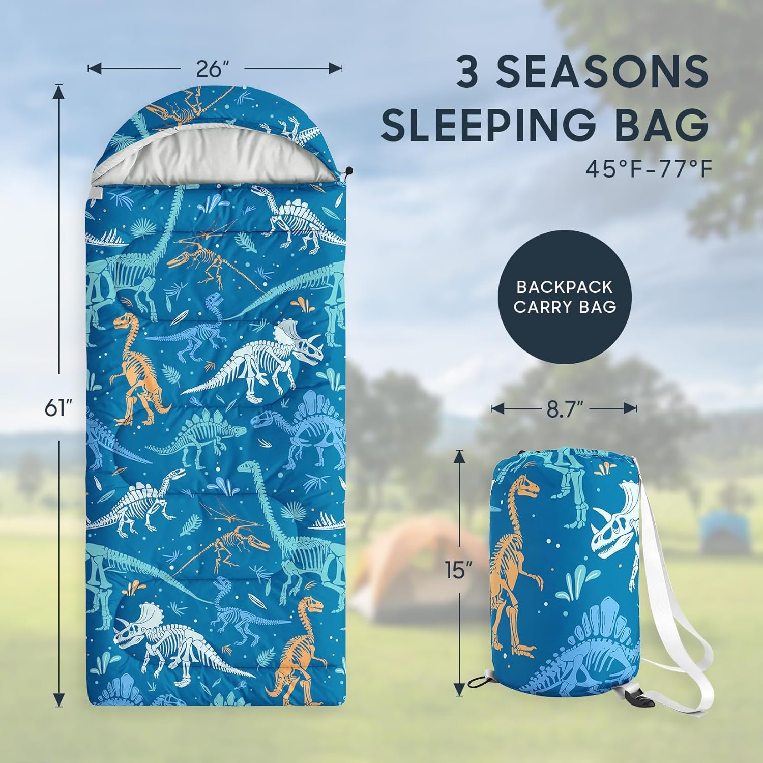 Dinosaur Kids Sleeping Bag for Boys Toddlers, Camping in Warm Cold Weather, Backpacking Lightweight Compact Outdoor Liner for 3 Seasons Summer Spring Fall - Image 2